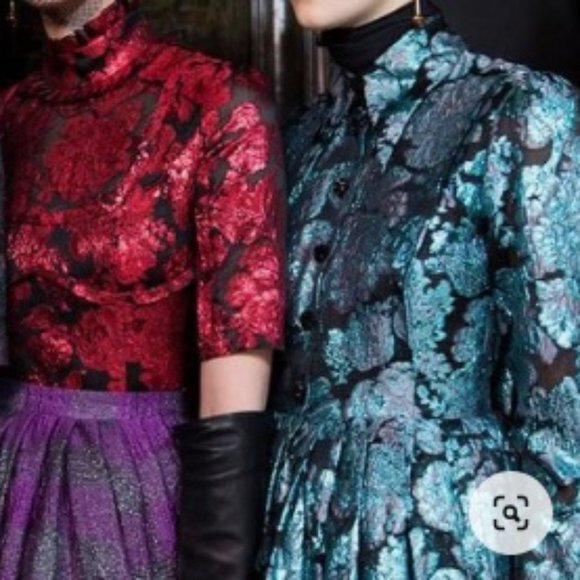 NWT ERDEM Teal Green Metallic Black Gray Floral Flower Gown Midi Dress 44 8 - Picture 11 of 11